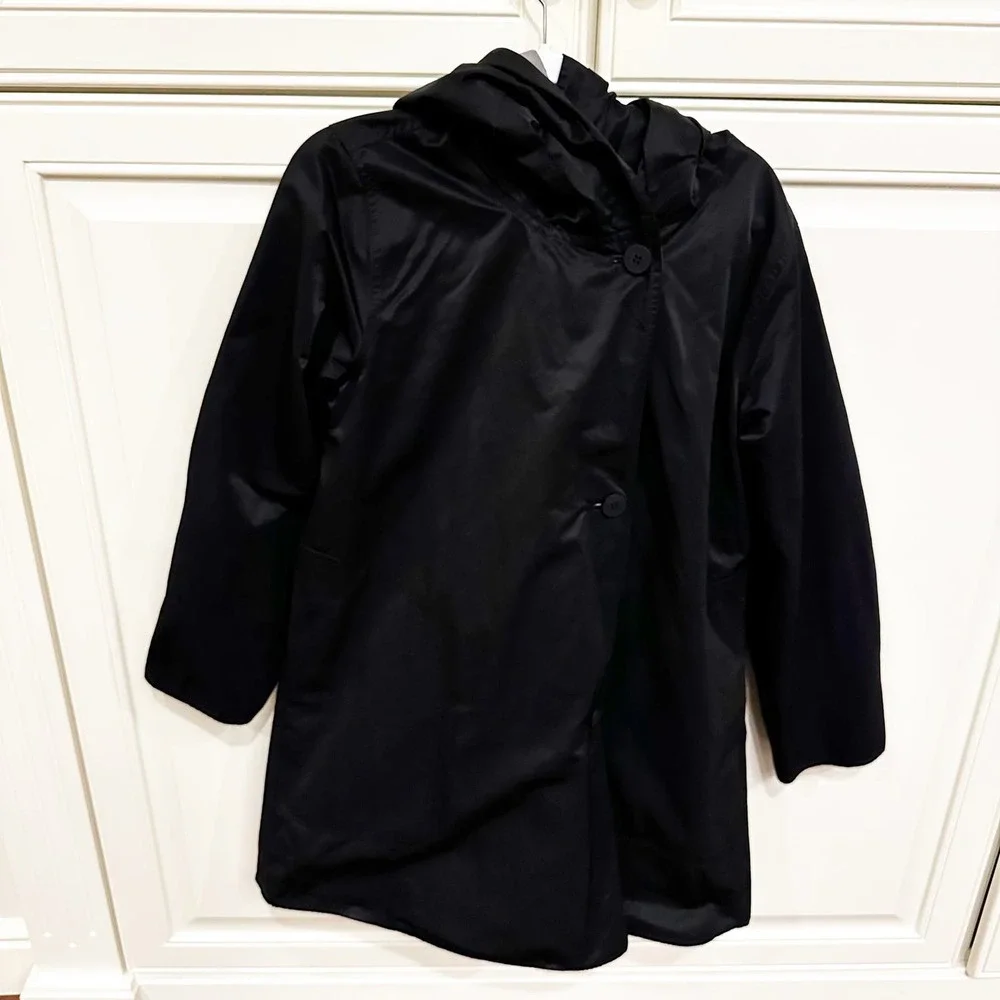 Eileen Fisher Women’s‎ Reversible Coat Jacket Black Grey Hooded Cotton Nylon